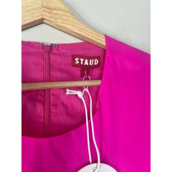 NWT Staud Calypso Cut-Out A-Line Puff Sleeve Zip Maxi Dress Bougainvillea Pink